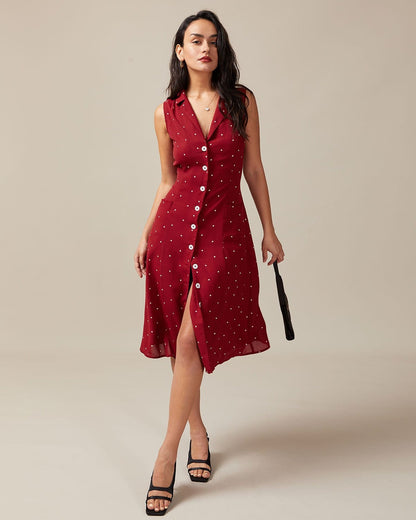 Women's summer midi dress with V-neck, polka dots, and tie at the back, sleeveless
