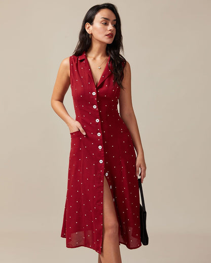Women's summer midi dress with V-neck, polka dots, and tie at the back, sleeveless