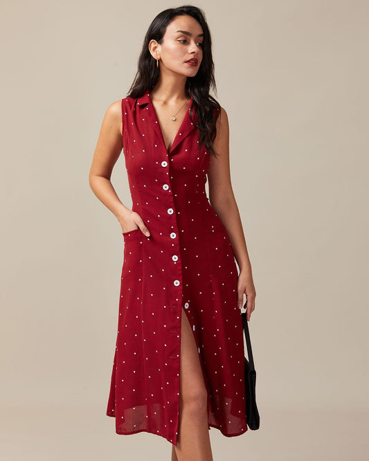 Damen Sommer-Midikleid mit V-Ausschnitt, Polka Dots und Bindeband am Rücken, Ärmellos