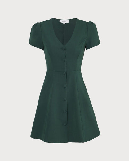 Damen Minikleid mit V-Ausschnitt, Knopfleiste und A-Linien-Silhouette, Kurzarm