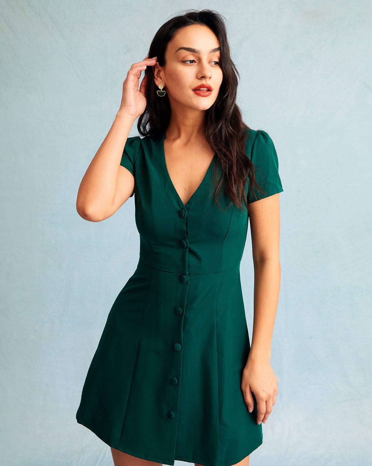Damen Minikleid mit V-Ausschnitt, Knopfleiste und A-Linien-Silhouette, Kurzarm