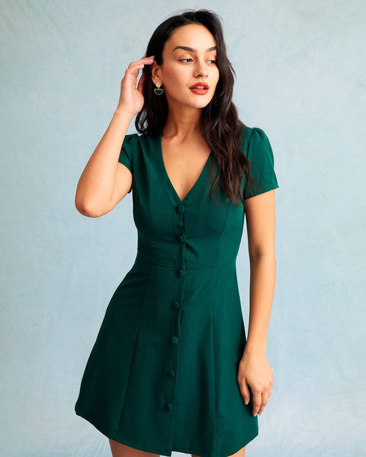 Damen Minikleid mit V-Ausschnitt, Knopfleiste und A-Linien-Silhouette, Kurzarm