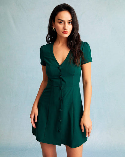 Damen Minikleid mit V-Ausschnitt, Knopfleiste und A-Linien-Silhouette, Kurzarm