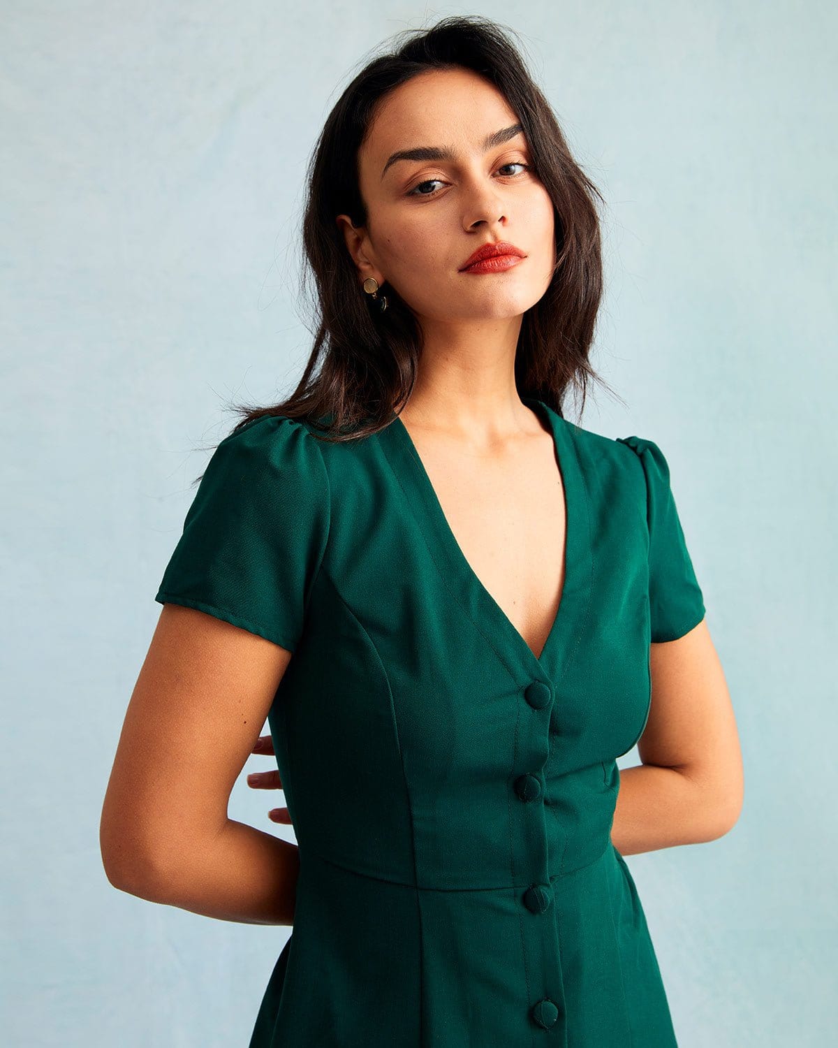 Damen Minikleid mit V-Ausschnitt, Knopfleiste und A-Linien-Silhouette, Kurzarm