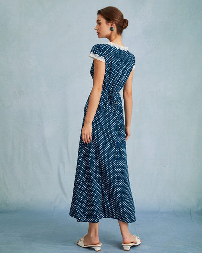 Damen Maxikleid mit tiefem V-Ausschnitt, Raffung, Spitze, Punkte und Flügelärmeln