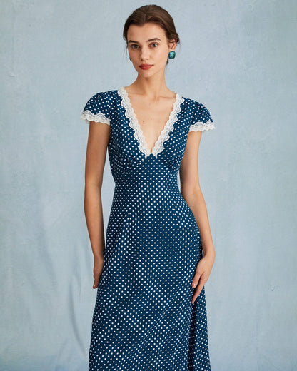 Damen Maxikleid mit tiefem V-Ausschnitt, Raffung, Spitze, Punkte und Flügelärmeln