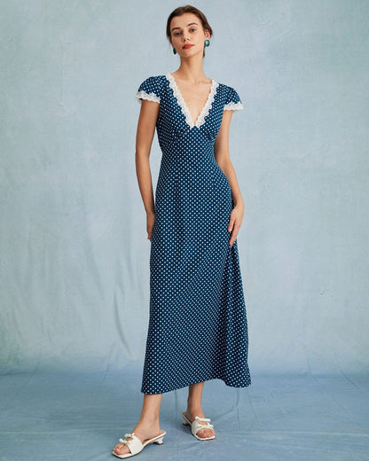 Damen Maxikleid mit tiefem V-Ausschnitt, Raffung, Spitze, Punkte und Flügelärmeln