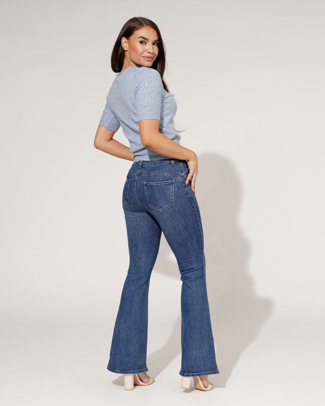 Women's Flared Jeans with High Waist, Blue Stretch Denim