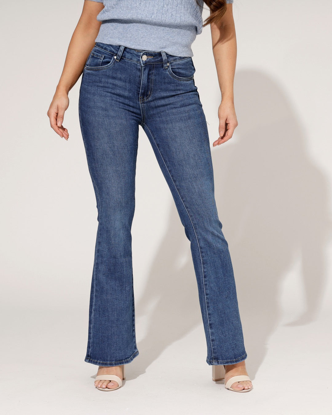 Women's Flared Jeans with High Waist, Blue Stretch Denim