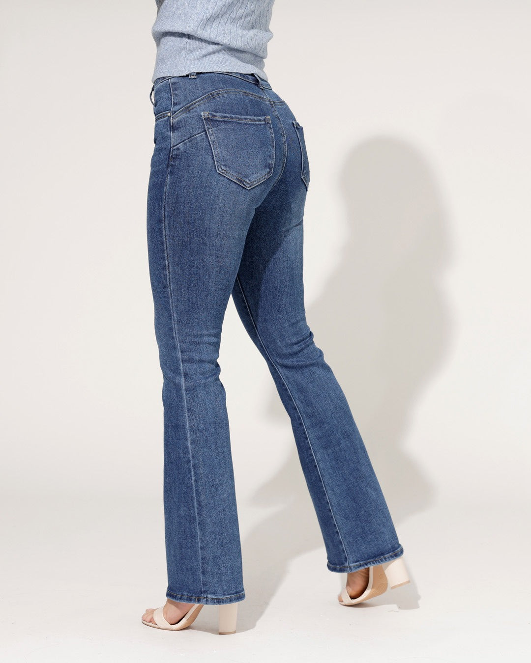 Women's Flared Jeans with High Waist, Blue Stretch Denim
