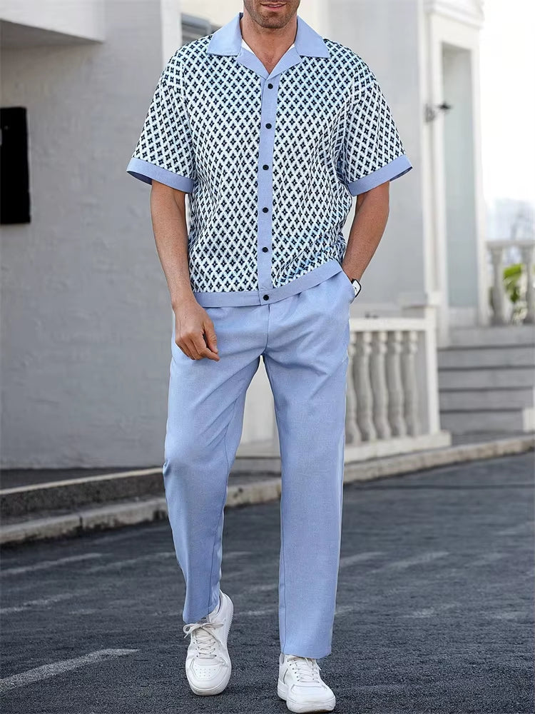 Herren Sommer Zweiteiler Set mit Geometrischem Muster – Lockerer Schnitt