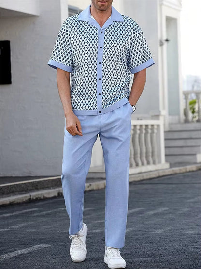 Herren Sommer Zweiteiler Set mit Geometrischem Muster – Lockerer Schnitt