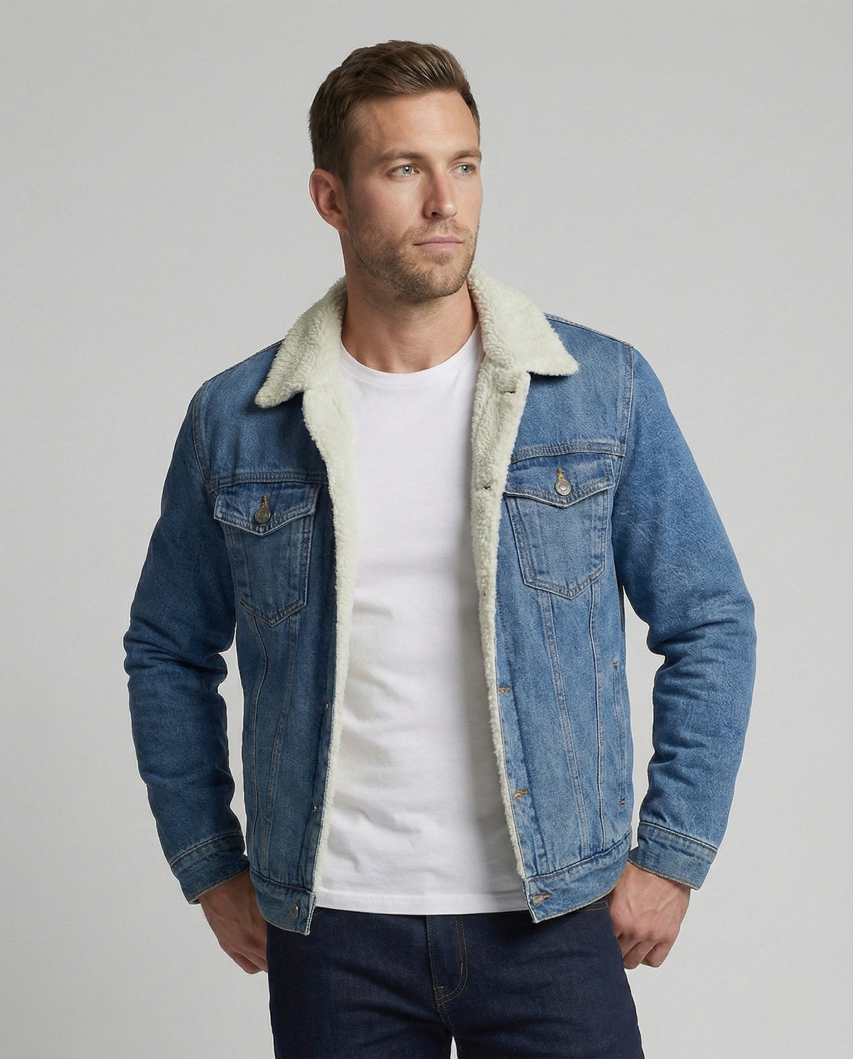 Herren-Jeansjacke mit Futter und klassischem Schnitt von vorne