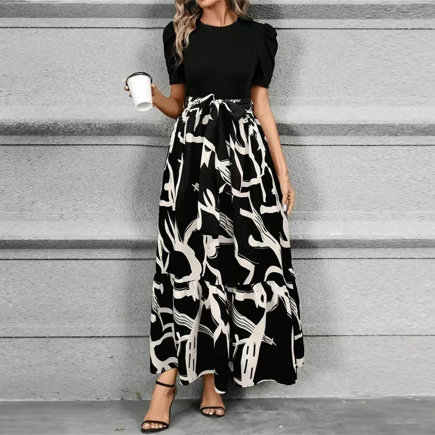 Damen Maxikleid Blumenmuster Hohe Taille A Linie Sommer