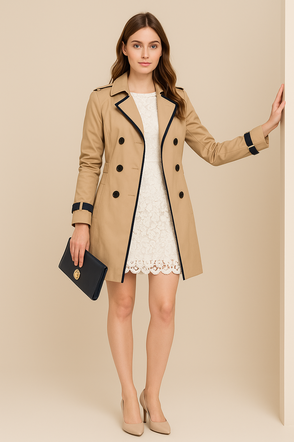 Damen Herbst Trenchcoat Doppelreiher Mit Kontrastdetails