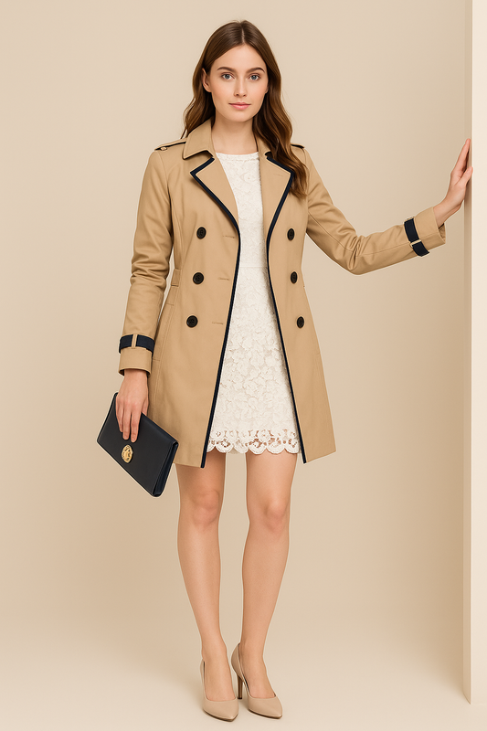 Damen Herbst Trenchcoat Doppelreiher Mit Kontrastdetails