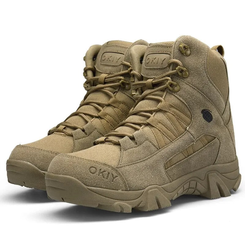 Beige Wanderschuhe für Herren, robustes Design, knöchelhoch, rutschfeste Sohle, ideal für Outdoor-Aktivitäten und Trekking-Abenteuer.