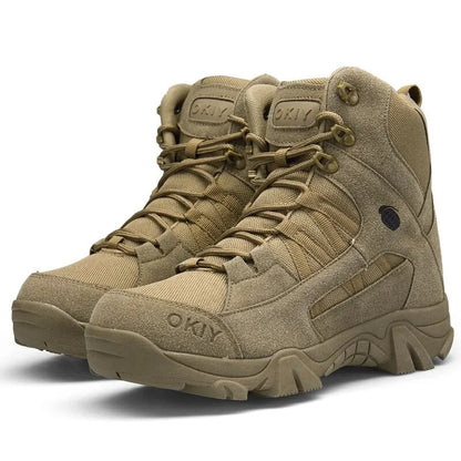 Beige Wanderschuhe für Herren, robustes Design, knöchelhoch, rutschfeste Sohle, ideal für Outdoor-Aktivitäten und Trekking-Abenteuer.