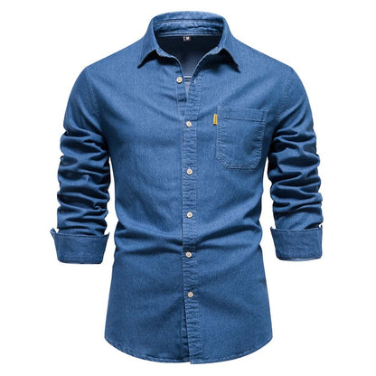 Men's Long Sleeve Denim Shirt Classic Fit with Button Placket
