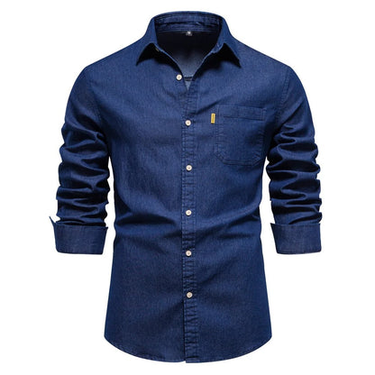 Men's Long Sleeve Denim Shirt Classic Fit with Button Placket