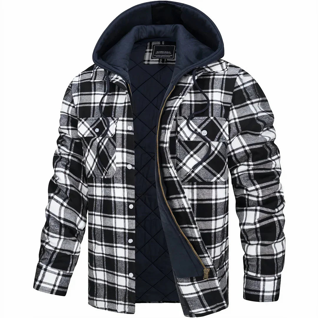 Schwarz-weiß karierte Herrenjacke mit Kapuze, Reißverschluss und Knopftaschen. Modische Winterjacke, warm gefüttert, ideal für kalte Tage.