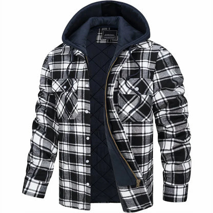 Schwarz-weiß karierte Herrenjacke mit Kapuze, Reißverschluss und Knopftaschen. Modische Winterjacke, warm gefüttert, ideal für kalte Tage.