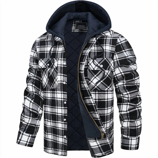 Schwarz-weiß karierte Herrenjacke mit Kapuze, Reißverschluss und Knopftaschen. Modische Winterjacke, warm gefüttert, ideal für kalte Tage.