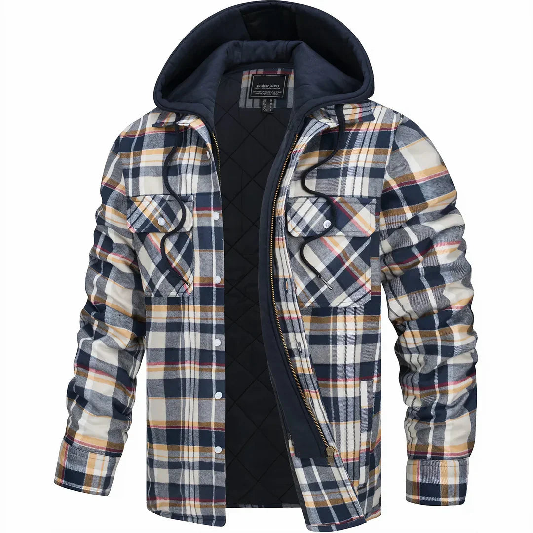 Kariertes Herrenhemd mit Kapuze, gefüttert, blau-weißes Muster, Langarm, Freizeitmode, ideal für Herbst und Winter, warme Oberbekleidung.