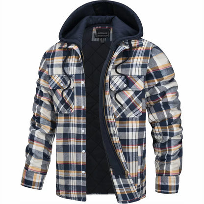Kariertes Herrenhemd mit Kapuze, gefüttert, blau-weißes Muster, Langarm, Freizeitmode, ideal für Herbst und Winter, warme Oberbekleidung.