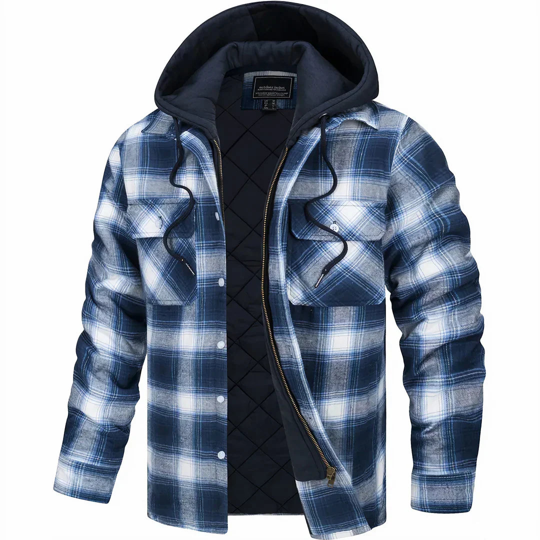 Blau-weiß karierte Herrenjacke mit Kapuze, gefüttert, Reißverschluss und Knöpfen. Perfekt für Herbst und Winter. Modische Outdoor-Bekleidung.