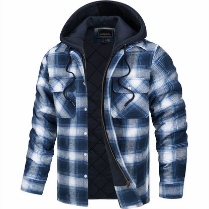 Blau-weiß karierte Herrenjacke mit Kapuze, gefüttert, Reißverschluss und Knöpfen. Perfekt für Herbst und Winter. Modische Outdoor-Bekleidung.