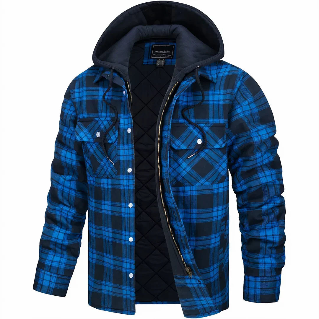 Blau-schwarz karierte Herrenjacke mit Kapuze, Reißverschluss und Druckknöpfen, gefüttert für Herbst und Winter. Ideal für Outdoor-Aktivitäten.