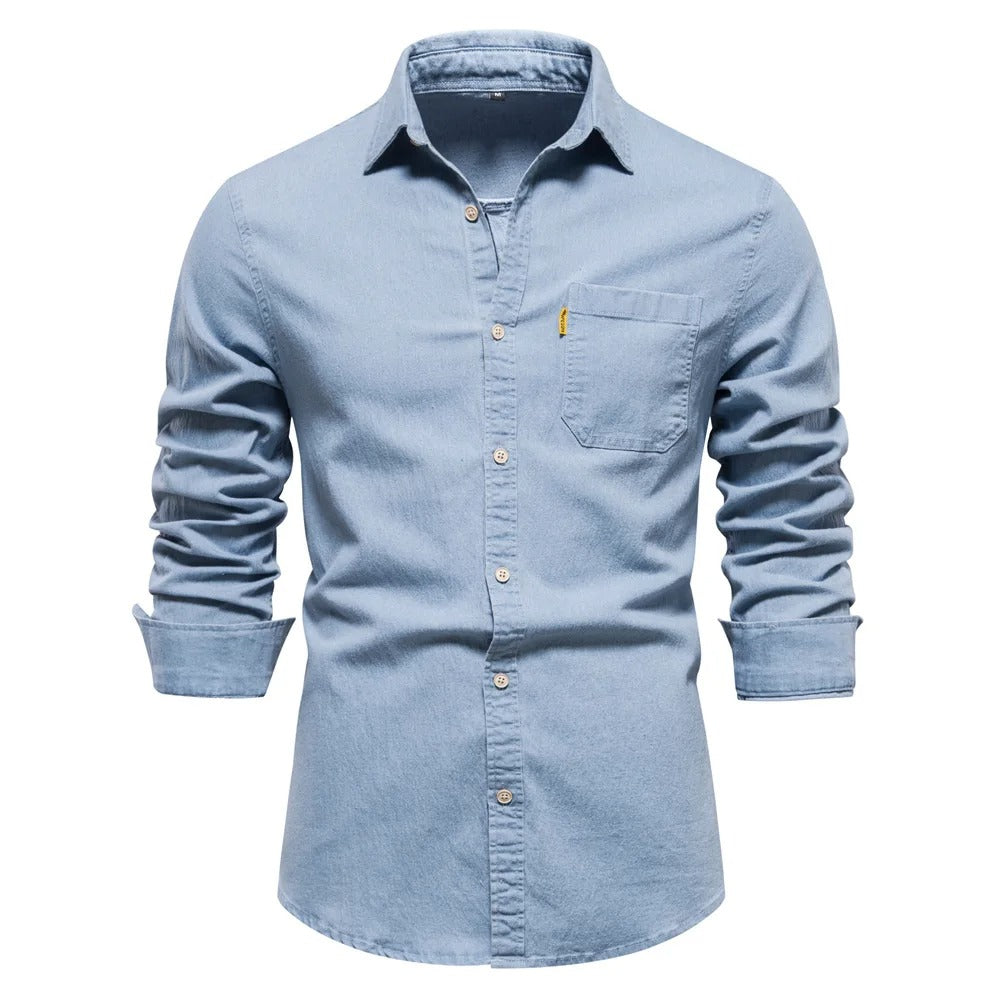 Men's Long Sleeve Denim Shirt Classic Fit with Button Placket