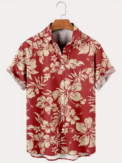Rotes Hawaiihemd mit beigem Blumenmuster, kurzärmelig, aus Baumwolle, auf Holzbügel. Ideal für Sommermode und Strandkleidung.
