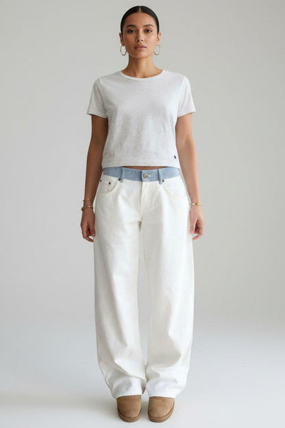 Damen-Jeans Mit Lockerer Passform, Mittelhoher Bund, Gestreifter Bund