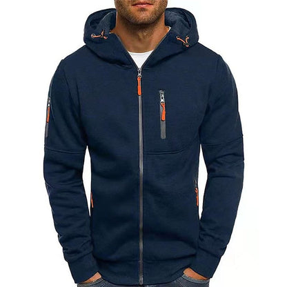 Dunkelblaue Herren-Kapuzenjacke mit Reißverschlüssen und orangefarbenen Akzenten, sportlich und modern, ideal für Freizeit und Outdoor-Aktivitäten.