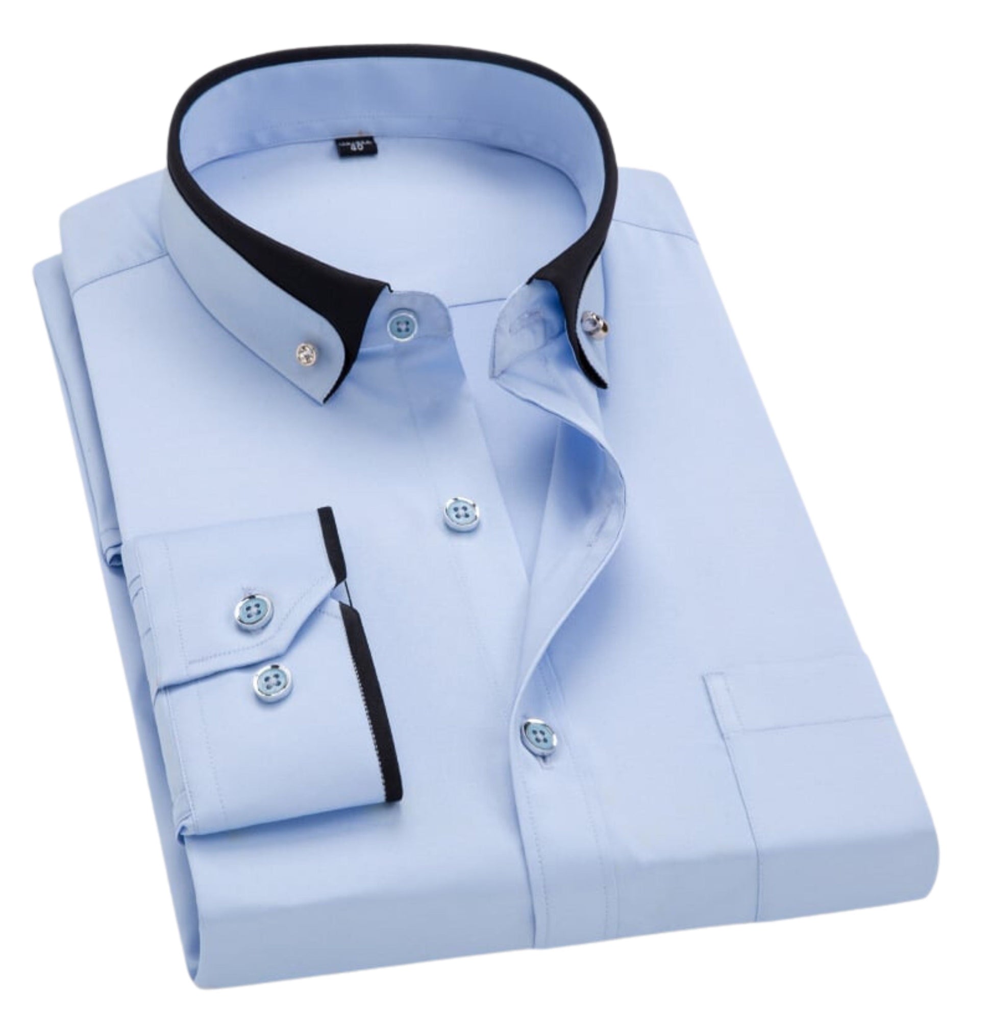 Hellblaues Herrenhemd mit schwarzem Kragen, gefaltet, elegantes Design, Knopfleiste, langärmlig, ideal für Business und formelle Anlässe.