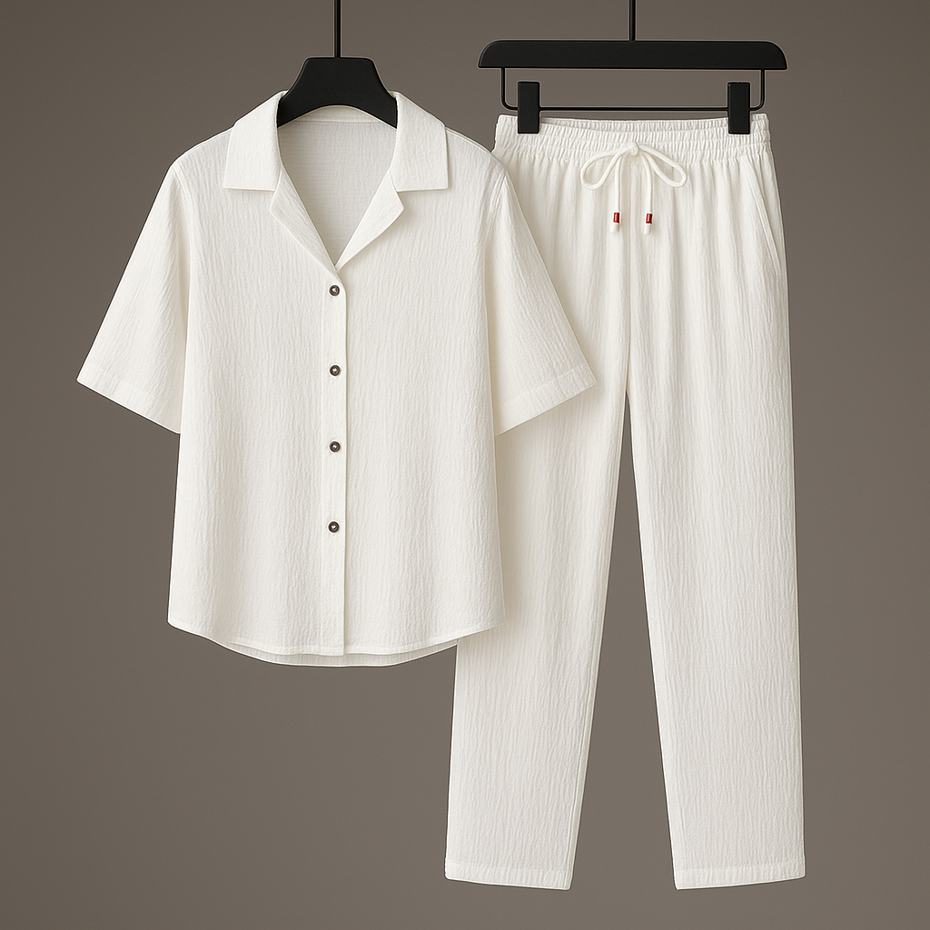 Men's Summer Set with Textured Look – Cord Pants and Shirt with Open Collar