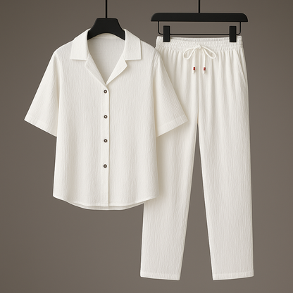 Men's Summer Set with Textured Look – Cord Pants and Shirt with Open Collar