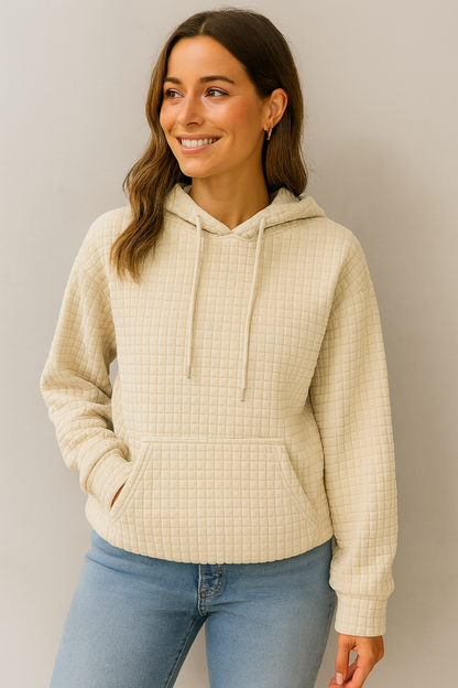 Damen Hoodie Waffelstrick Textur Kordelzug Kängurutasche
