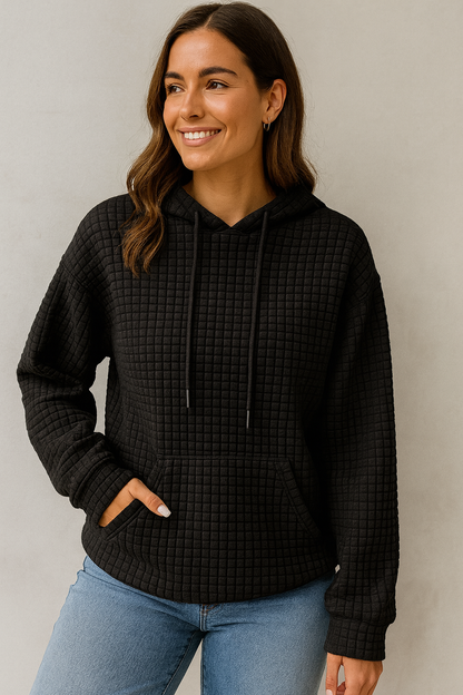 Damen Hoodie Waffelstrick Textur Kordelzug Kängurutasche