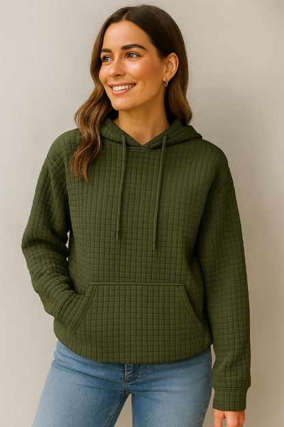 Damen Hoodie Waffelstrick Textur Kordelzug Kängurutasche