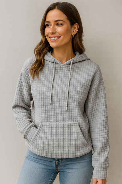 Damen Hoodie Waffelstrick Textur Kordelzug Kängurutasche