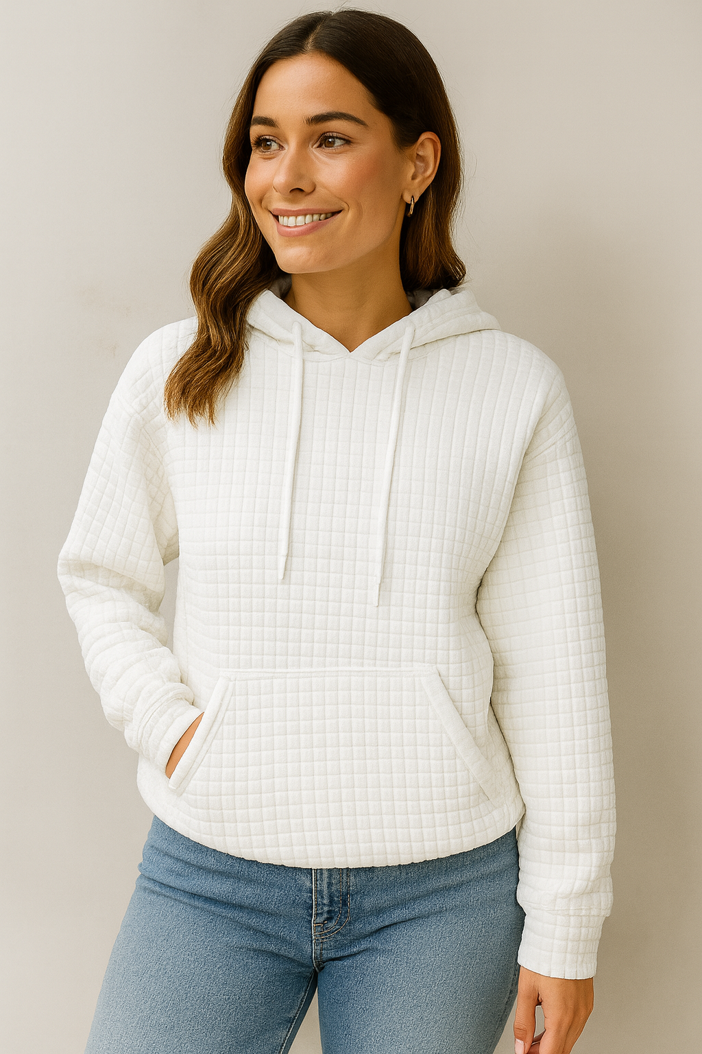 Damen Hoodie Waffelstrick Textur Kordelzug Kängurutasche