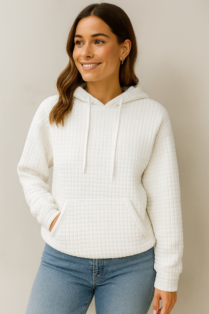 Damen Hoodie Waffelstrick Textur Kordelzug Kängurutasche