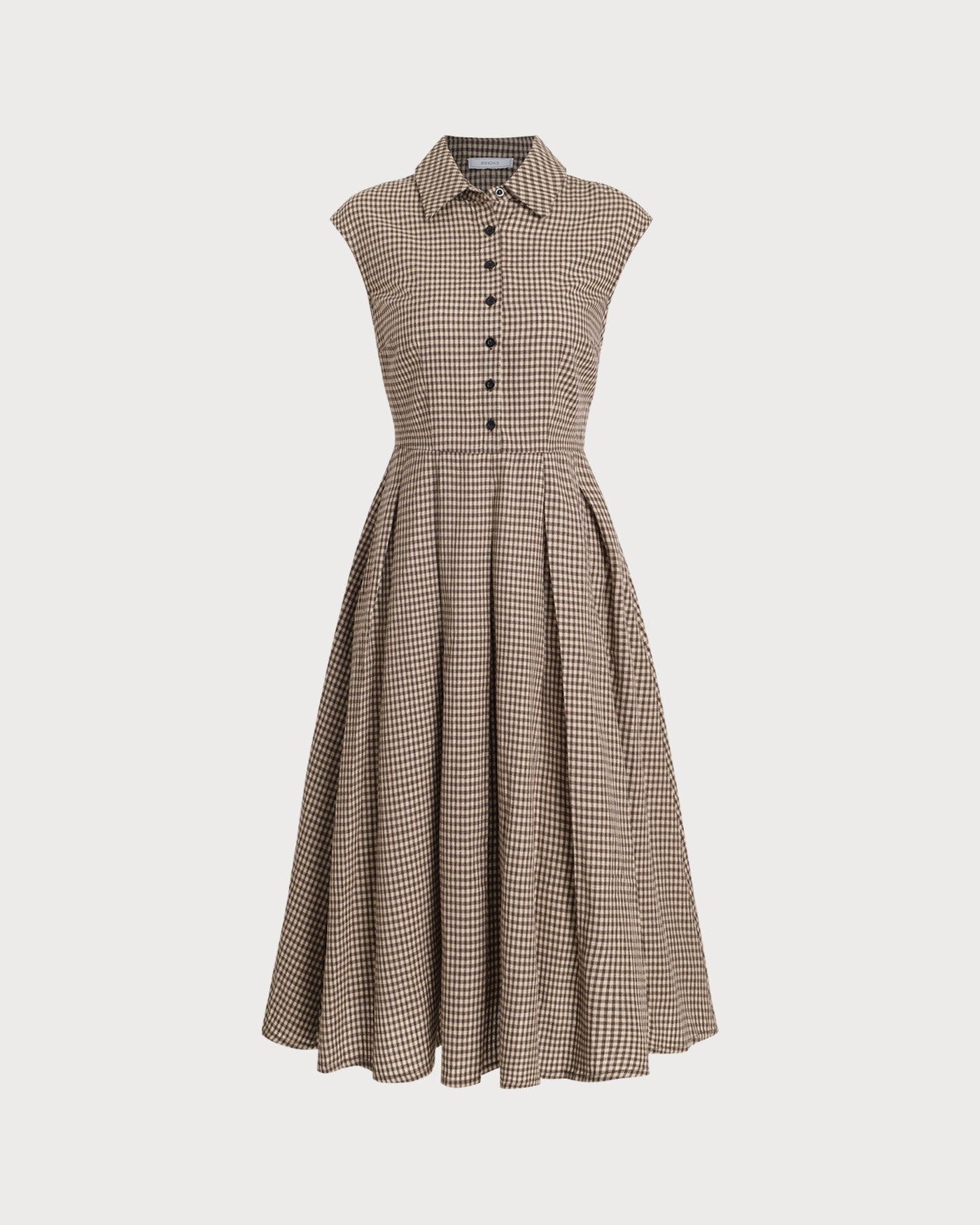 Women's autumn midi dress brown plaid button placket pleats A-line