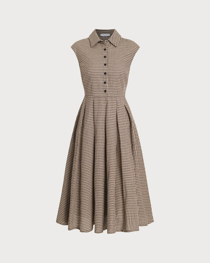 Women's autumn midi dress brown plaid button placket pleats A-line