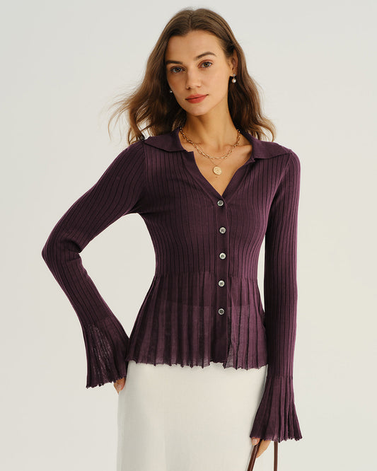 Damen-Cardigan mit Rippstruktur, Knopfleiste und Kragen