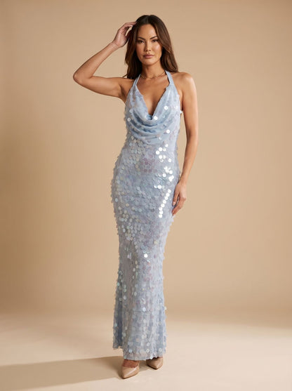 Damen Pailletten Maxikleid Mit Wasserfallausschnitt In Blau