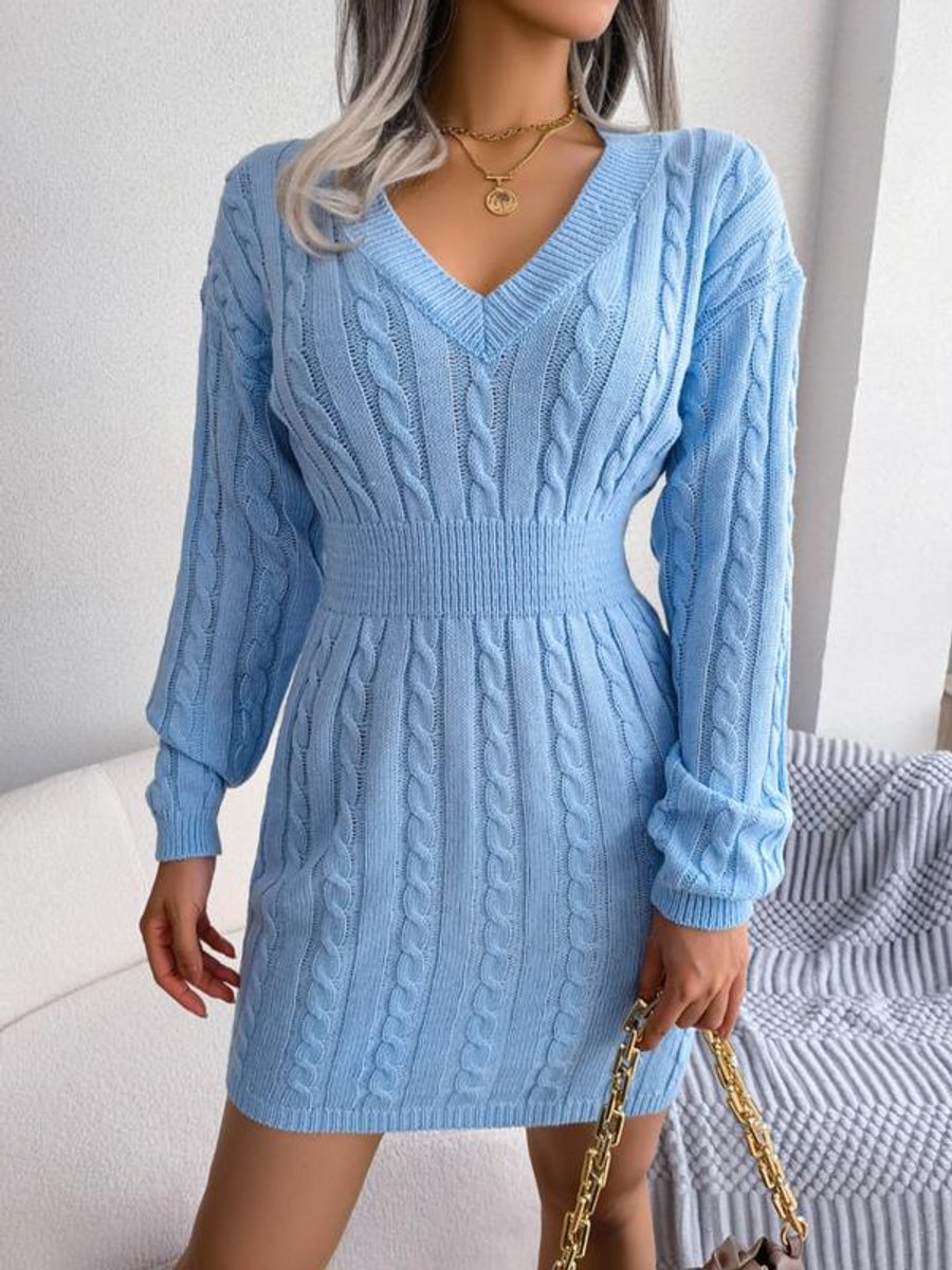Damen Strickkleid Mit Zopfmuster V Ausschnitt Langarm